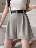 yipinpay Casual Suit Shorts Women With Double Belt Loose Wide Leg Short Pants Female OL Pockets Street High Waist Shorts Ladies