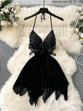 Yipinpay Female Backless Sexy Dress Fashion Halter Lace up Design Women Embroidery Butterfly Slim Short Irregular Velvt Dress