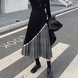 Yipinpay 2023 Autumn Winter Houndstooth Knitted Long Skirts Women Vintage Black High Waist Midi Pleated Skirt Elegant Casual