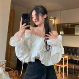 Yipinpay Off Shoulder Blouse Women Slash Neck Ruffles Crop Tops Drawstring Criss Cross V Neck Butterfly Sleeve Chic Ladies Shirts