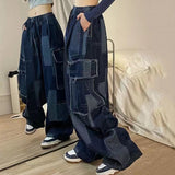 Yipinpay 2023 Woman Japanese Chic Wide Leg Pants Vintage Patchwork Plaid Pocket Trousers Streetwear Y2k Clothes Pantalon