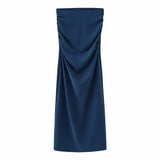 Yipinpay Ruched Long Skirts For Women Fashion 2023 Nvay Blue High Waist Skirt Woman Summer Midi Slit Skirt Elegant Women's Skirts