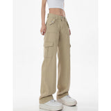 yipinpay Women Bottoms Khaki Vintage Cargo Jeans Fashion Pocket High Waist Wide Leg Pants Casual Street Baggy Denim Trouser Ladies Summer