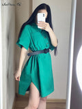 Yipinpay Polo Straight Green T-Shirt Dress Half Sleeves Split Casual Loose Dress Summer 2023 Pockets Oversized Dress Ladies