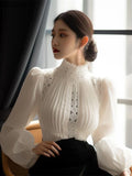 Yipinpay Blusas Mujer De Moda Blouse for Women Temperament Lace Patchwork Shirts Hollow Out Pleated Stand Neck Vintage Blouses Tops