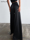 Yipinpay Fashion Classy Women Palazzo Pants High Waist Floor-Length Satin Trousers Spring Summer 2023 High Street Baggy Pants