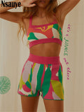 yipinpay 2023 Summer Knitted Print Sports Shorts Suit Tracksuit Women Sexy Beach Outfits Strap Top High Waist Shorts Two Piece Set