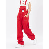 yipinpay Womens Red Vintage Suspender Jeans Fashion Pocket Baggy Wide Leg Pants Streetwear Casual Straight Denim Trouser Ladies Summer