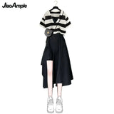 Yipinpay Women's Summer Fashion Stripe Short Sleeve Top+Strap Skirt Two Piece Korean Elegant Blouse Dress Suit 2024 New Matching Set