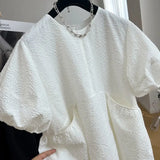 Yipinpay French Loose Jacquard Lantern Short Sleeve Dress for Women Summer Black White Casual Wild Doll Dress Vestidos De Mujer