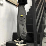 Yipinpay Y2K Cargo Pants Men Retro Loose Pocket Wide-Leg Pants High Waist Straight Loose Men And Women Harajuku Mopping Overalls