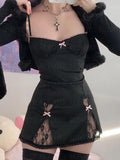 Yipinpay Fairycore Y2k Dress Women Pastel Goth Aesthetic Sweet Cute Dark Lace Patchwork Pink Bow Spaghetti Strap High Waist Dress