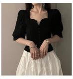 Yipinpay for Women Sexy V Short Sleeve T-shirts Black Crop Tops French Vintage Puff Off Shoulder Fold Tee Wild Casual Tshirt