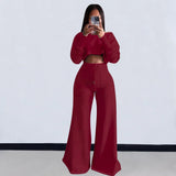 Yipinpay Fashion Women's Two-Piece Long Sleeve Short Top And Wide Leg Pantsuit Spring Solid Color Comfortable Ladies 2-Piece Set