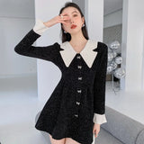 Yipinpay Single Breasted Corduroy Dress Elegant Bodycon Slim Vestidos Mujer Sleeve Full Doll Neck Autumn Winter Knitted Dress Women