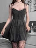 Yipinpay Dark Gothic Elegant Dress Women Emo Alt Vintage Mesh Patchwork Lace Up High Waist Dress Y2k Harajuku Mall Goth Partywear