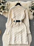 Yipinpay Office Lady Knitted Dress Twist Drill Shaped Long Sleeves Belt Solid Women Senior 2024 Winter Thick Sweater Midi Dress