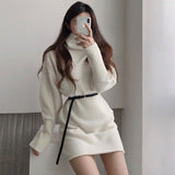 Yipinpay Oversized Sweater Dress Female Full Sleeve Casual Pullover Turtleneck Pullover Knitted Mini Dress Women Autumn Winter