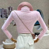 Yipinpay High Collar Sweater Women Slim Sexy Hollow Jumper Pullover Tops Crop Pink Sweaters Fur Button Knit Sueter Shirt
