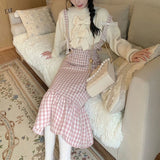 Yipinpay Kawaii Woolen Pink Plaid Mermaid Skirt Women Autumn Japanese Sweet Elegant High Waist Slim Strap Long Skirts Soft Girl