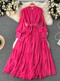 Yipinpay Autumn Retro Beach Pleated Dress Women Lantern Sleeve French Single Breasted 2024 Fashion Chiffon A Line Long Dress