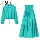 Yipinpay Print Long Skirts For Women Fashion 2023 High Waist Ruffle Skirt Sets Summer Beach Skirt Woman Ruched Women's Skirts