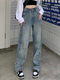 yipinpay Jeans Star Patchwork Pant Women Straight Leg Denim Pants Pocket Low Rise Vintage Casual Streetwear Baggy Jean 90s