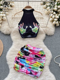 Yipinpay Fashion Trend Hotsweet Print Suits Women Halter Sleeveless Top+ Ruched Bodycon Mini Skirt Streetwea Two Pieces Sets