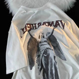 Yipinpay Summer New American Retro Angel Print Short Sleeve T-Shirt Women Street Trend Round Neck T-Shirt Couples Loose Casual Tops