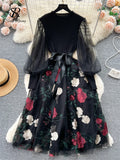 Yipinpay Senior Knitted Patchwork Dress Long Lantern Sleeves Bow Mesh Embroidery Floral Women Autumn France Elegant Party Dress