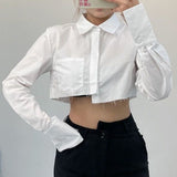 Yipinpay Irregular Cropped Shirt Top Women Sexy Korean Streetwear Blouses Casual Lapel Pocket Patchwork Long Sleeve White Shirt