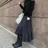 Yipinpay Pleated Skirt Women's Mid-length New Style Autumn Black Irregular Large Swing Fishtail Slimming Skirt