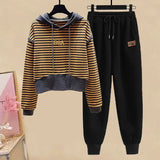Yipinpay Women's Tracksuit 2024 Fall/Winter New Striped Embroidered Sweater + Cotton Pants Two-piece Korean Casual Hoodies Trousers Suit