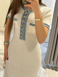 Yipinpay Denim Patchwork Knitted Maxi Dress Women¡®s Short Sleeve Slim Bodycon Long Dress Elegant Lady Holiday Street Party Robe