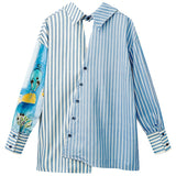yipinpay Women's Clothing Shirts Polo Collar Stripe Printing Asymmetrical Long Sleeves Casual Vintage Fashion Baggy Blouse Tops Ladies