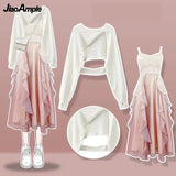 Yipinpay Women's fashion cut-out sweater+suspender Skirt two-piece set Korean Elegant New in Matching Set 2024 Spring Summer Dress Suit