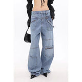 Yipinpay Autumn Denim Trousers Woman High Waist Baggy Jeans Street Hot Girl Slim Multi-Pocket Wide Leg Cargo Pants Women
