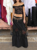 Yipinpay Fashion Womens Two Piece Summer Outfits Off Shoulder Short Sleeve Lace Crop Tops And Long Skirt Set Beachwear S M L