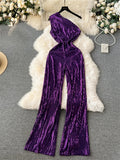 Yipinpay American Retro Sequin Jumpsuit Diagonal Collar Solid Long Wide Legs Pants Romper Elegant Backless Sexy Party Jumpsuits