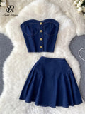Yipinpay Summer Fashion Denim Two Pieces Suits Strapless Sexy Top+ Short A Line Skirt Streetwear Hotsweet Vintage Beach Sets