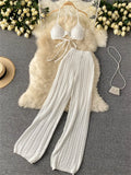Yipinpay Women Summer Design Knitted Set Sexy Backless Halter Short Tops+Chic Hollow Knitted Wide Leg Long Pants Two Piece Suit