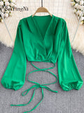 Yipinpay Korean Stylish Crop Top Shirts Women Lace-up Deep V Puff Sleeve Chic Female Blusas Casual Sexy Club Y2K Blouses Shirts