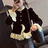Yipinpay Mujer Vintage Button Black Velvet Shirt Ruffled Flare Full Sleeve Asymmetric Tops Y2k Cardigan Jacket Women Blouse