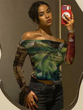 yipinpay T-Shirt Mesh Top Sexy Print Crop Top Party Club Outfits Transparent Tops Streetwear Clothes Long Sleeve Tee Women