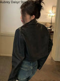 Yipinpay Black Cropped Leather Jacket Women Streetwear Zipper Moto Leather Jacket High Street Vintage Soft Faux Leather Coats 2023