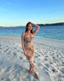 Yipinpay New Mesh Print Long Dress with Chest Padded Sexy Back Lace Up Vacays Party Going Out Outfits Summer Dress Women 2023