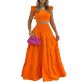 Yipinpay Female Hot Style Ruffled Suspenders Pleated Back Crop Top and Long Skirt Solid Color Two-piece Set Women 2023 Fashion