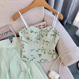Yipinpay Tops Camis Sexy Beach Sleeveless Blouse Strapless Green Floral Shirts Double Layer Ruffle Skirt 2 Piece Sets Print Retro