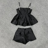Yipinpay Industry Diamond Bow Spicy Girls Strap Tank Top Women Spring High Waist Wide Leg Short Black Two Piece Set Women Outfits