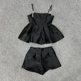 Yipinpay Industry Diamond Bow Spicy Girls Strap Tank Top Women Spring High Waist Wide Leg Short Black Two Piece Set Women Outfits
